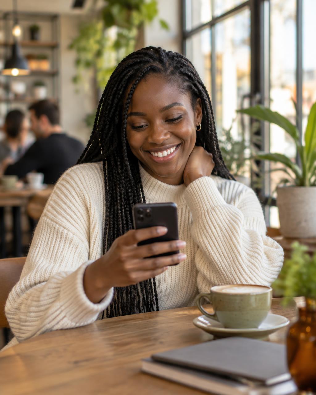 Creator checking link earnings on her phone in a café